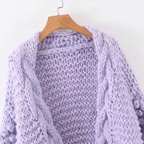 Eoeth Solid Knitted Coat for Women Casual Puff Sleeve Knit Cardigan Sweater Outerwear Loose Overcoat Warm Winter Purple