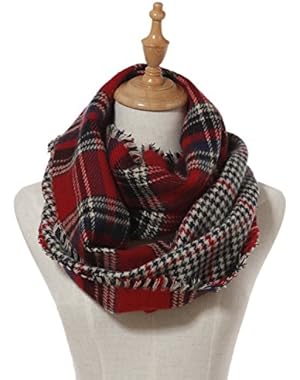Women Winter Checked Pattern Cashmere Feel Warm Plaid Infinity Scarf