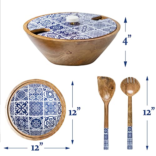 Decorative Wooden Salad Bowl Set with Lid and Servers in Moroccan Blue