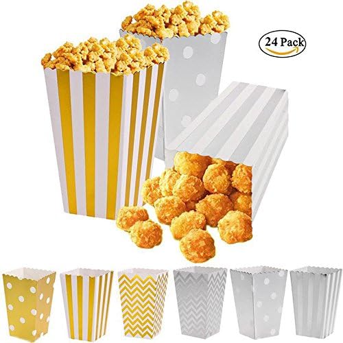 Kitchentbf 24pcs Premium Quality Mini Gold and Silver Paper Popcorn Box Set, 4.53 Inches Tall Popcorn Tub for Movie Night and Party