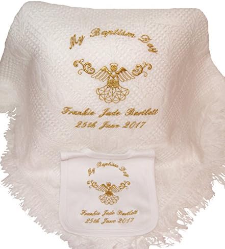 Baby’s Personalised Christening/Baptism/ Naming Day Guardian Angel Shawl & Bib Set (Gold Thread)