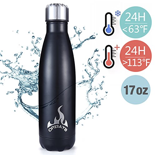 Insulated Water Bottle, 17 Oz Stainless Steel Double Wall Vacuum Sports Drink Bottles, Leak- proof and No Sweating Cola Shape Travel Bottles, Keeps Drinks Cold & Hot for 24 Hours (Black)