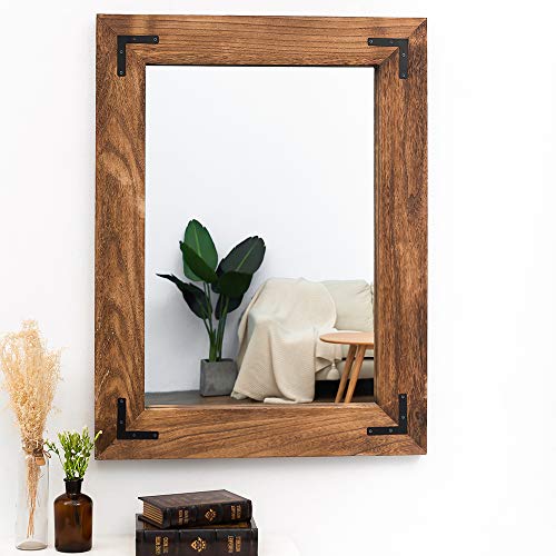 YOSHOOT Rustic Wooden Framed Wall Mirror, Natural Wood Bathroom Vanity