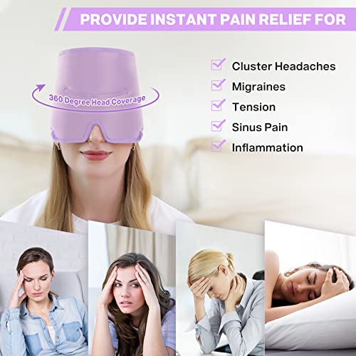 Luguiic Headache & Migraine Relief Wrap Hat Eye Mask Long Lasting Cooling Hot & Cold Gel Ice Compress Therapy for Tension Relief, Stress, Pain Relief, Stretchy, Comfortable with Velcro Closure Purple