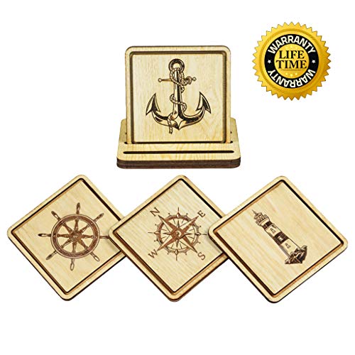 Navady Wood Nautical Coasters with Holder for Drinks, Anchor Compass Lighthouse Steering Wheel