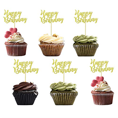 Gold Happy Birthday Cupcake Topper Picks for Celebrating Birthday Party Decorations 36PCS