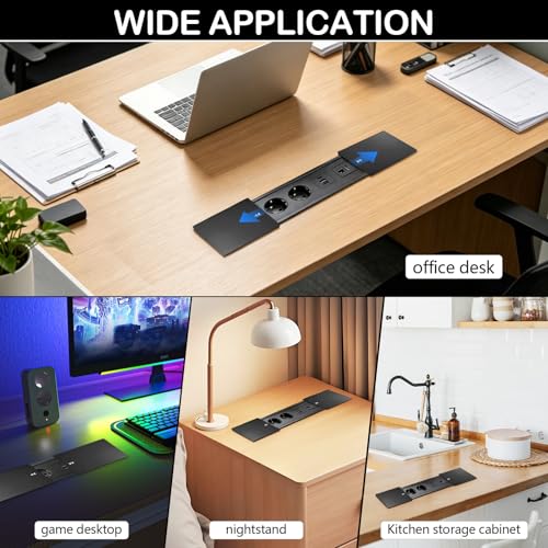 Aluminium Recessed Table Plug, Retractable Socket Outlet with 2 Sockets, 2 USB Ports and Type C+HDMI+Cat 6, 250V/16A Recessed Power Strip for Desks, Work Tables, Dining Tables