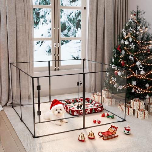 Vilanpaw Acrylic Dog playpen Indoor: Clear Puppy Pen for Small Medium Dogs Cats with Metal Frame - 8panels 76 cm Tall Transparent pet Fence with Door for Rabbits Guinea Pig, 122x122x76.5 cm