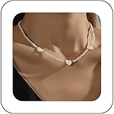 Erimberate Bohemian Acrylic Heart Choker Necklace White Rice Bead Heart Pendant Necklace White Seed Bead Collar Necklace Small Heart Love Necklace Jewelry for Women