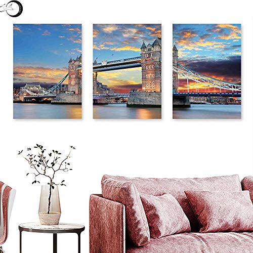 J Chief Sky London Canvas Prints Wall Art Vista of Tower Bridge at Dramatic Sunset Thames River with Grey Clouds Wall Painting Pale Blue Yellow Tan Triptych Art Canvas W 20" x L 40" x3pcs