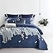 Wake In Cloud - Floral Quilt Set, Botanical Elegant Flower Tree Leaf Modern Pattern Printed, Reversible Lightweight Bedspread Coverlet, 3 Pieces, Navy Blue Gray, Queen/Full Size
