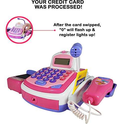 ANJ Kids Toys - Durable Pretend Play Cash Register Toy for Kids | POS Scanner, Microphone, Calculator, Card Terminal and Conveyor Belt | Supermarket Cashier Toy with Play Money and Groceries!