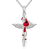 Iringnier Cardinal Necklace for Women 925 Sterling Silver Memorial Cardinal Pendant Necklace Red Cardinal Cross Necklace Sympathy Gifts for Loved Ones