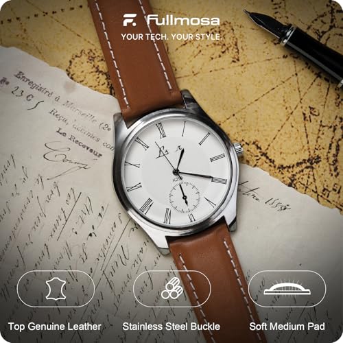 Fullmosa Watch Strap, Vintage Leather Strap Replacement for Smartwatch and Universal Watch with Stainless Steel Clasp for Men and Women, Brown+Silver Buckle, 22MM