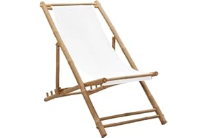 vidaXL Patio Deck Chair - Bamboo & Canvas Sling Chair, Adjustable Lounge for Balcony/Deck/Porch, White Canvas