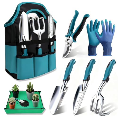 7PC Gardening Tool Set, Gardening Kit Garden Bag with Heavy Duty Holding Bag, Garden Hand Tool Set, Gardening Gifts for Women and Men