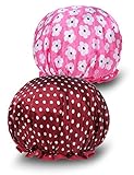 Mesehome Adult Extra Large Shower Cap For Long Hair(2 Pack)-Socialite Stylish Design Mold Resistant Cap For Men Women & Children-Waterproof Bathing Accessories (Red plum+Wine red spot)
