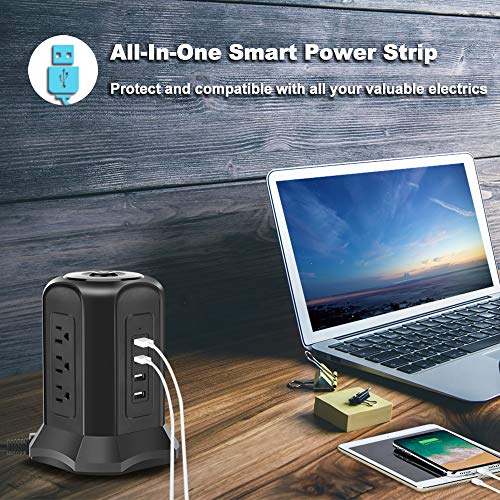 BEVA Power Strip Tower with 9 AC-Outlets and 4 USB Charging Ports Switch Control,Surge Protector Desktop Power Strip Charging Station 6 ft Extension Cable for Office and Home Black - Thumbnail 4