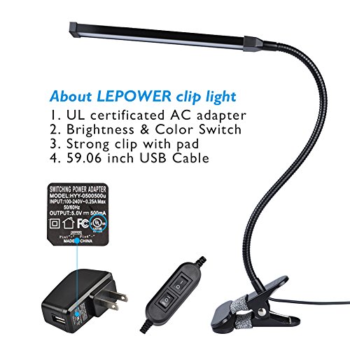 LEPOWER Led Clip on Light / Reading light with Gooseneck 5W Piano Light Color Temperature Changeable Clip Light (Metal)
