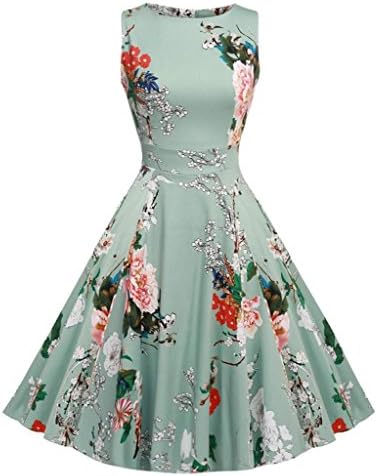 SEUEYD Vintage 1950s Floral Sleeveless Garden Party Cocktail Dress Swing Dress Light Green S