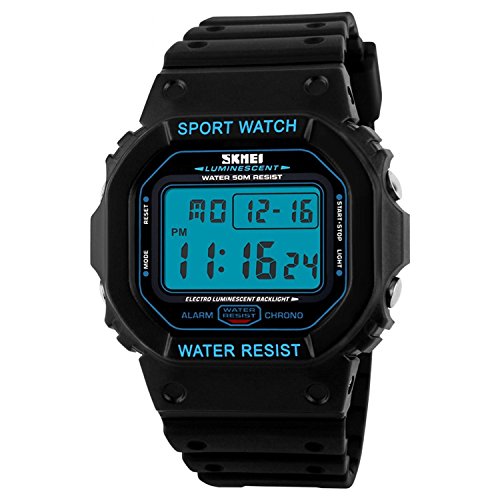 Men Watch Digital LED Display Back Light Multifunctional Fashion Casual Sport Wrist Watch Electronic Watches 50M Water Resistant, Black