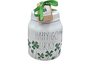Rae Dunn Happy Go Lucky Ceramic Canister with Lid, White with Green Shamrock Design, St. Patricks day Food Storage Container/