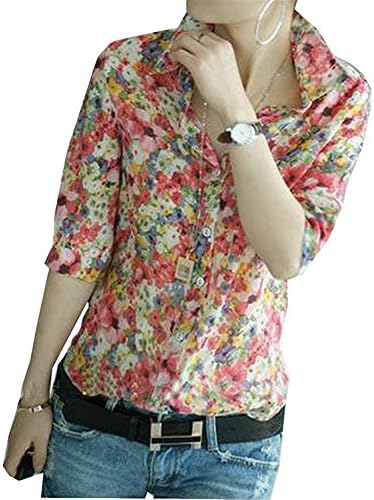Johnells Fashion Comfortable Women's Floral Half Sleeve Retrol Turndown Collar Top Red S