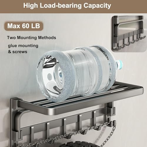 60 cm Wall Mounted Towel Rack for Bathroom, 24 Inch Foldable Matte Towel Shelf with Bar and Movable 9 Hooks, Space Aluminum Rustproof Towel Organizer for Bathroom, Shower, and Hotel Use