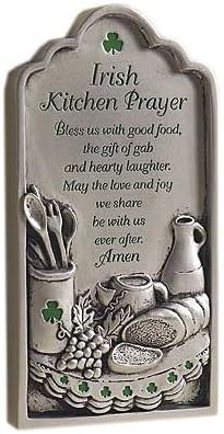 Elysian Gift Shop Irish Kitchen Blessing Raised Silver Finish Plaque with Green Shamrock Accents and Celtic Prayer- 3 3/4" x 7" (Wall Mount or Easel Back)