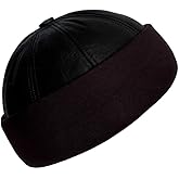 Lukkizara Unisex Genuine Leather Docker Hat Rolled Cuff Brimless Worker Skullcap Street Hip Hop Beanie Cap Retro