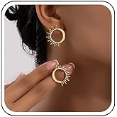 Sttiafay Boho Open Circle Hoop Earrings Gold Sunburst Earrings Sun Moon Stud Earrings Vintage Crescent Moon Earrings Statement Round Earrings Jewelry for Women