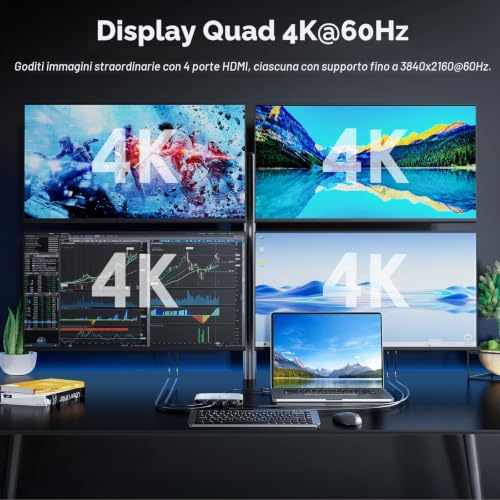 WAVLINK USB 3.0 Extended Display USB C to Quad HDMI Splitter for Four Monitors with 85W PD, Displaylink 4 HDMI 4K to 60Hz Adapter for Mac M1/M2/M3/M4 or Windows,Compatible with New MacBook Neo