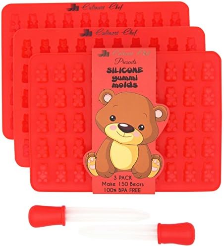 Culinart Chef- 3 Pack (150 Bears)- PREMIUM THICK Silicone Gummy Bear Candy Molds -BONUS CANDY RECIPE E-BOOK &amp; 2 DROPPERS - 100% BPA Free and FDA Approved