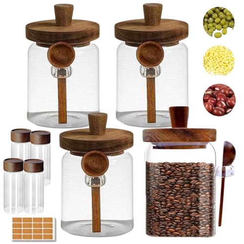 MOISLAS Frascos de Vidrio Herméticos 8 PCS con Tapa madera exquisita 900ml 140ml Frasco para Organización Contenedor para Almacer Alimento Especias Café Azúcar 4 exquisita cuchara de madera