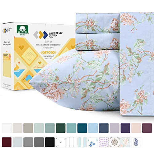 Premium 400-Thread-Count 100% Natural Cotton Sheets for Bed - 3-Piece Light Blue Floral Antique Rose Twin XL Sheet Set Long-Staple Combed Cotton Printed Bed Sheet Breathable Cotton Sateen Weave Sheets