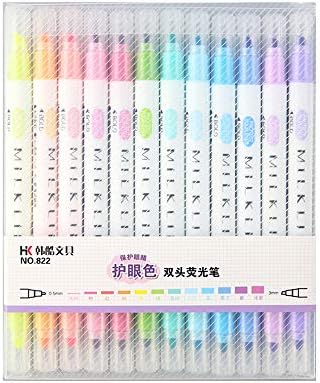 HIKIN Dual Tip Highlighters, Light Color Fluorescent Pens Markers for Journal Planner Note Taking and Coloring Book, Non-Toxic & Odorless Watercolor. (12 Colors + Custom Case)