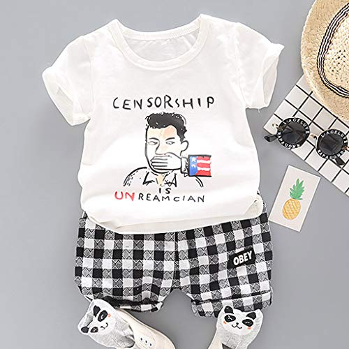 Toddler Boys Cotton Clothes Sets Short Sleeve Tee,Cartoon T-Shirt and Plaid Shorts 2 Packs Outfits Set 6M-3Y White