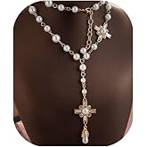 Pearl Cross Rosary Necklace Gold Plated Rosary with Pearls Waterproof Jewelry Big Cross Chain Link Choker Charm Necklace for Daily Wear