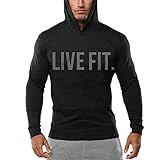 Chns Men's Gym Workout Bodybuilding Long Sleeve Casual hoodie Sweatshirts Live Fit Letter Printed Training Sports Pullover Black-L