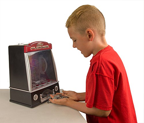 Miniature arcade coin pusher with flashing lights and tilt alarm