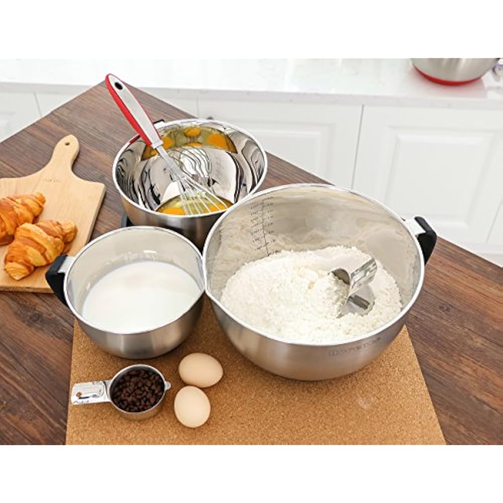 Stainless Steel NonSlip Mixing Bowls With Pour Spout, Handle Lid, Set