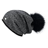 Womens Beanie Hats for Winter Wool Warm Cap Real Fur Pom Pom Knit Beanie Caps