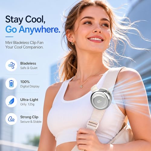 TFQXA1Z Ultra-Quiet Bladeless Clip-On Fan, 360° Rotatable Personal Fan with Digital Display, 5-Speed Rechargeable Mini Fan for Home, Office, School, Summer Gift (White)