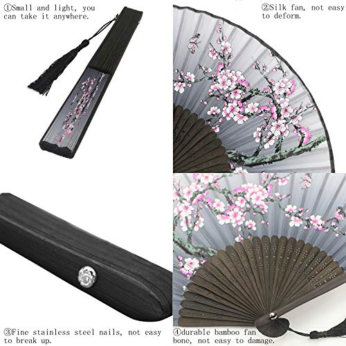 QIQU 6 Pack Handheld Floral Folding Fans Hand Held Women Silk Hollowed Bamboo Fans Hand Holding Fans with Tassel,Come with a Cloth Sleeve Per Fan,Wedding,Church,Party Gifts and Tea Party Dress Up