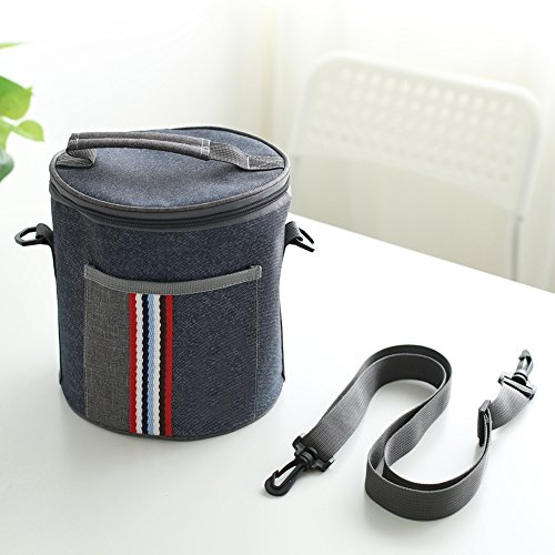 Insulated Lunch Bag Cooler Tote Bags For Women Men Kids, Travel Picnic Foods Box Drinks Thermal Carry Bag Container Organizer Case Handbag (Cylinder-Blue&Grey, 8x9inch) - Thumbnail 3