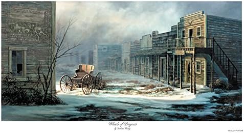 Wesley Prints Wheels of Progress – 24x12 Snow Scene with Buggy in Old Deserted Western Town with Model T car Poster on Building – Art Print by Roberta Wesley – Direct from (1)