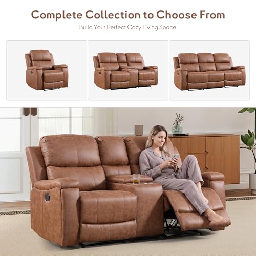 CANMOV Leather Recliner Loveseat, Manual Reclining Sofa with Hidden Cup Holders & Storage Console, Padded Headrest & Lumbar Support Recliner Couch for Living Room, Home Theater, Brown (Loveseat)