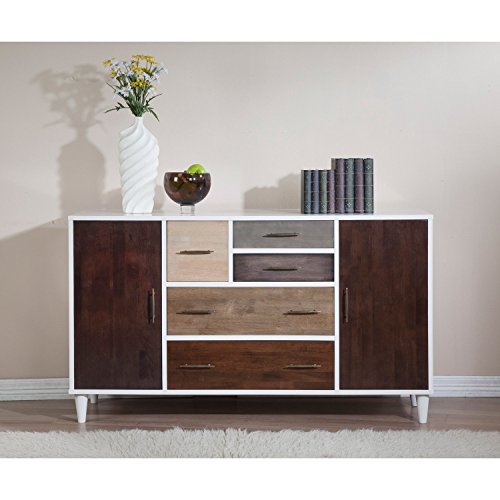 Mid Century Dining Room Wood Buffet Sideboard with Stainless Steel Handles in Multi Wood Finishes and White - Includes Modhaus Living Pen