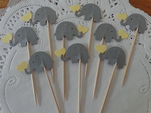 Grey Elephant Cupcake Toppers Holding Light Yellow Hearts - Elephant and Hearts Food Picks - Yellow and Gray Elephants - Party Picks - Baby Shower Appetizer Picks - Gender Neutral Shower - (Set of 24)