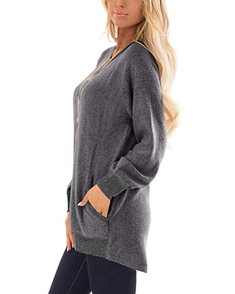 Womens Sweatshirts with Pockets Loose Pullover Long Sleeve T Shirt Round Neck Blouse Tops